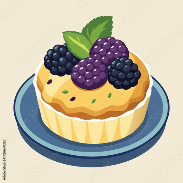 Fototapeta A delicious tart topped with blackberries and mint leaves sits on a blue plate.