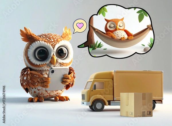 Obraz オンラインショッピングを楽しむ可愛いフクロウがスマートフォンでEコマースサイトを閲覧し、快適な配送サービスを夢見る3Dイラスト - デジタル商取引とモバイルアプリケーションの現代的なライフスタイルを表現したキャラクターデザイン