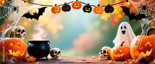 Fototapeta A frame consisting of a garland of Halloween elements: pumpkins, a black cauldron, skulls, cobwebs and spiders, bats, and cheerful ghosts