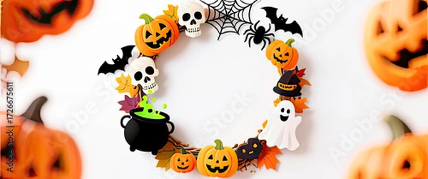 Fototapeta A frame consisting of a garland of Halloween elements: pumpkins, a black cauldron, skulls, cobwebs and spiders, bats, and cheerful ghosts