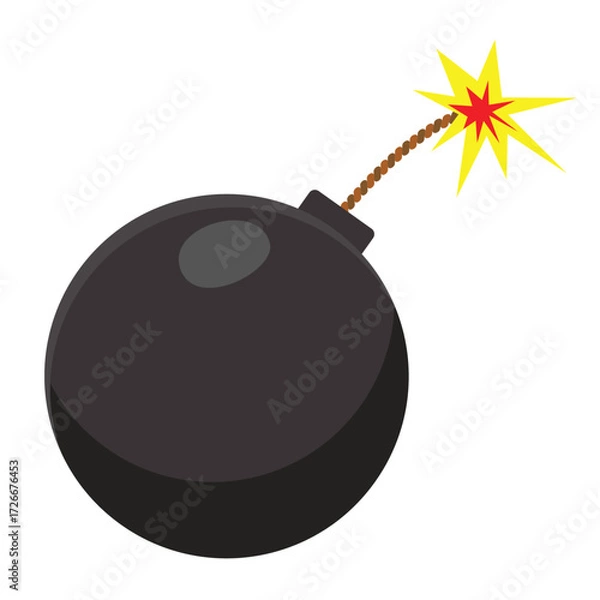 Fototapeta Classic cartoon round bomb with a burning fuse. Vector illustration isolated on white background