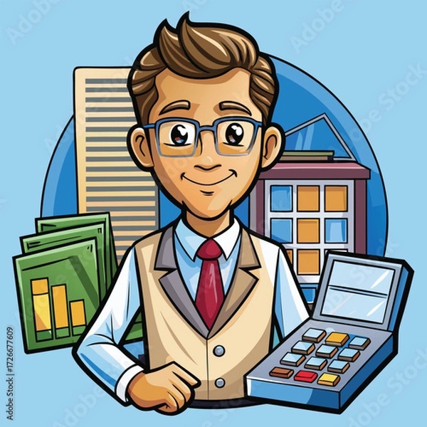 Fototapeta Businessman with money and calculator in front of building