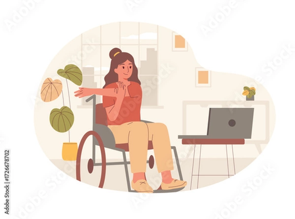 Fototapeta Vector illustration of woman in wheelchair doing stretching exercises at home, following an online class on a laptop. A concept of a healthy lifestyle, home workout, rehabilitation, and accessibility