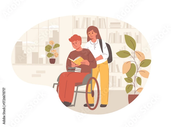 Fototapeta Vector illustration of a young man in a wheelchair and a woman read a book together in a library or bookstore. A concept of education, love, support, and accessibility for people with disabilities