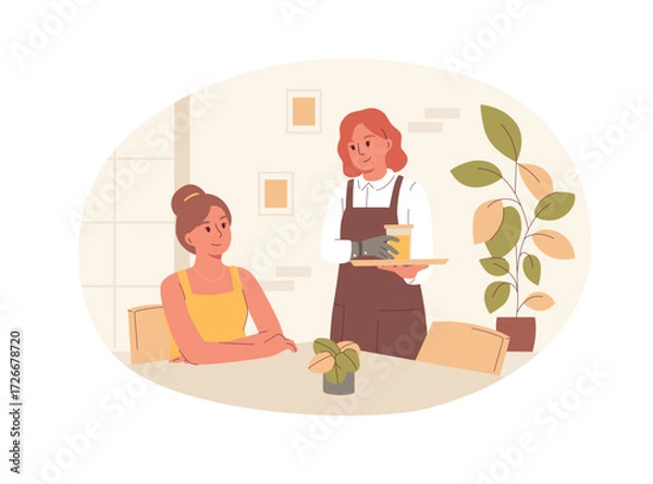 Fototapeta Vector illustration of waitress with a prosthetic arm works in a cafe, serving a customer. A concept of an inclusive workplace, employment for people with disabilities, diversity, and equality at work