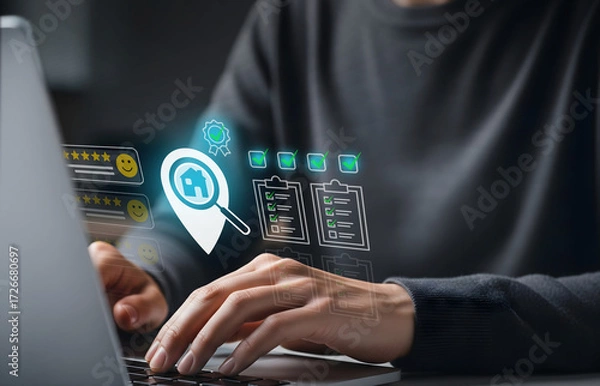 Fototapeta Digital Property Search and Service Evaluation Interface, Laptop shows icons for real estate, tasks, and customer reviews