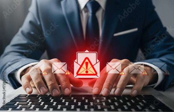 Obraz Email Security Alert in Digital Business Workflow, Smartphone and laptop show phishing warning in professional setting