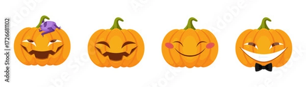 Fototapeta Set of funny Halloween pumpkins in flat style. Pumpkin icon set. Vector illustration