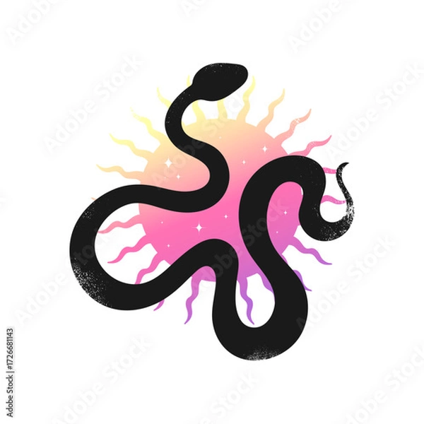 Fototapeta Black snake silhouette on gradient sun decorated with stars. Celestial emblem with serpent. Vector illustration