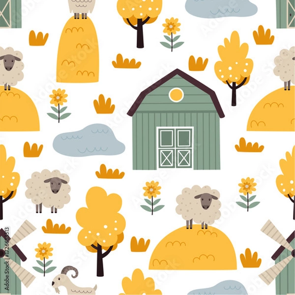 Obraz Autumn pattern with goats and sheep.
