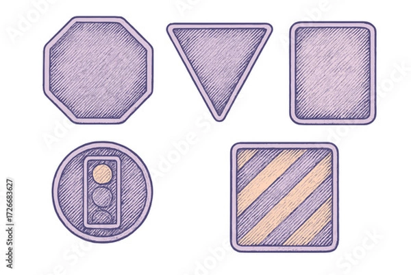 Fototapeta Diverse collection of hand-drawn geometric shapes and road sign icons with purple and orange textured fill in a modern sketch style
