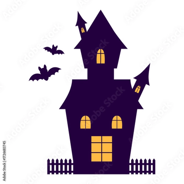 Fototapeta A spooky castle silhouette with windows, towers, and bats on Halloween night. Vector illustration.