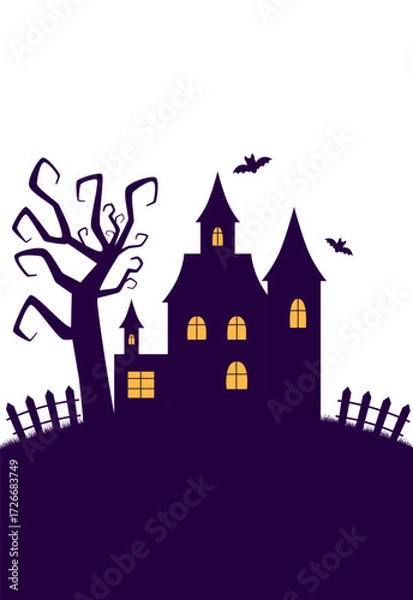 Fototapeta A creepy castle silhouette with windows and bats on Halloween night. Vector illustration.