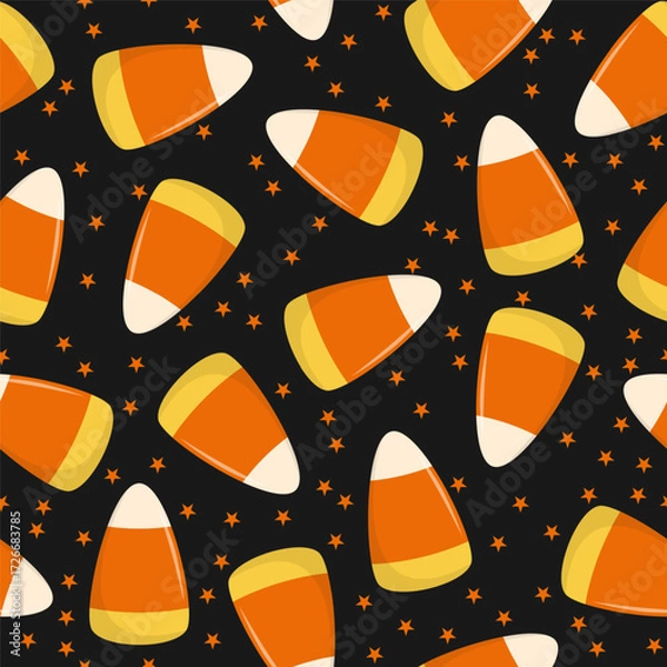 Fototapeta Seamless pattern of candy corn on a black background. Halloween design. Vector cartoon.