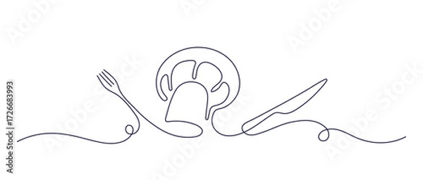 Fototapeta Chef hat, knife, fork. One continuous line symbol