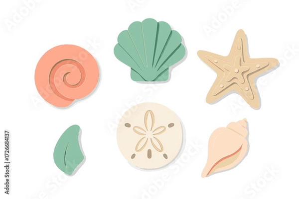 Fototapeta Colorful collection of various seashells, a sand dollar, and starfish in a modern paper cut style with layered shapes
