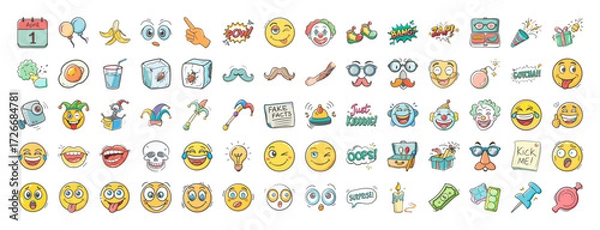 Fototapeta Funny April Fools Day icons collection set - Large set of playful April Fools Day icons featuring emojis, pranks, disguises, jokes, props, and humorous decorations for fun designs.