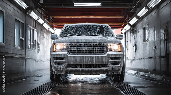 Fototapeta A white SUV covered in foam is seen in a modern car wash, showcasing powerful water jets and bright lighting.