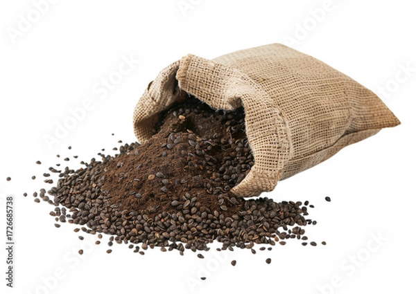 Fototapeta Small bag of soil with scattered seeds isolated on a transparent background