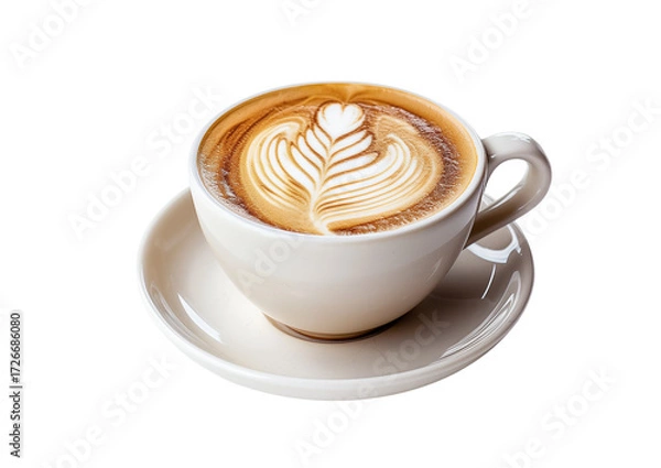 Fototapeta Steaming coffee cup with latte art isolated on a transparent background