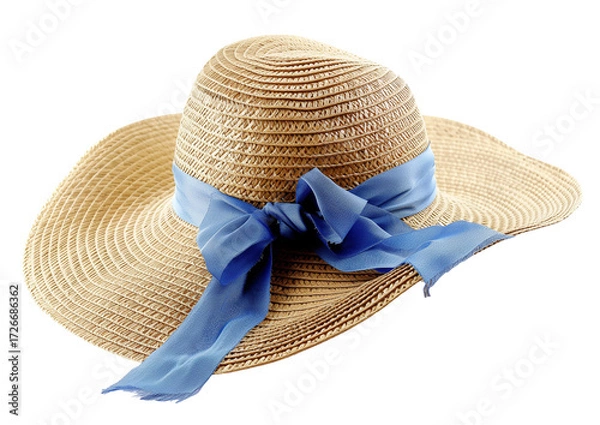 Fototapeta Straw beach hat with blue ribbon isolated on a transparent background