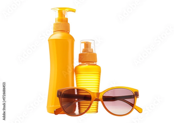 Fototapeta Sunscreen bottle and sunglasses set isolated on a transparent background