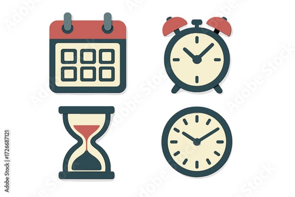 Fototapeta Collection of time and date icons including calendar, alarm clock, wall clock, and hourglass for scheduling and deadlines