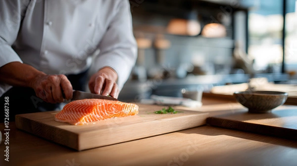 Fototapeta Male chef preparing fresh salmon fillet with precision in a modern kitchen.