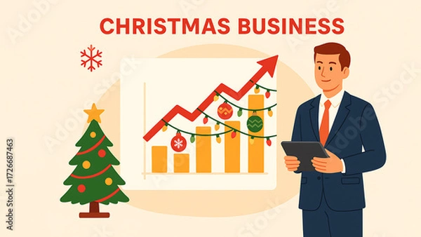 Obraz Flat-style digital illustration of a businessman presenting a rising growth chart decorated with Christmas ornaments. Concept of holiday business, corporate success, and festive season growth.