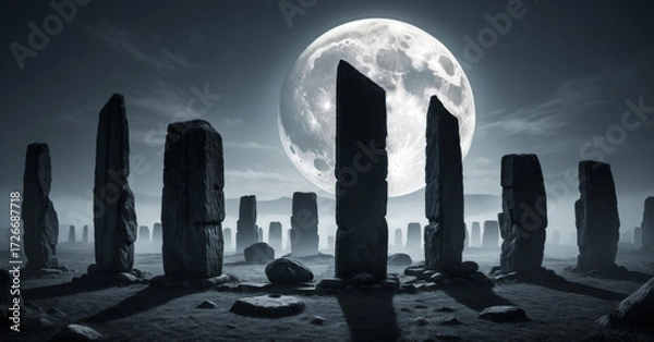 Fototapeta Megalithic stone monument illuminated by full moon casting long shadows at night