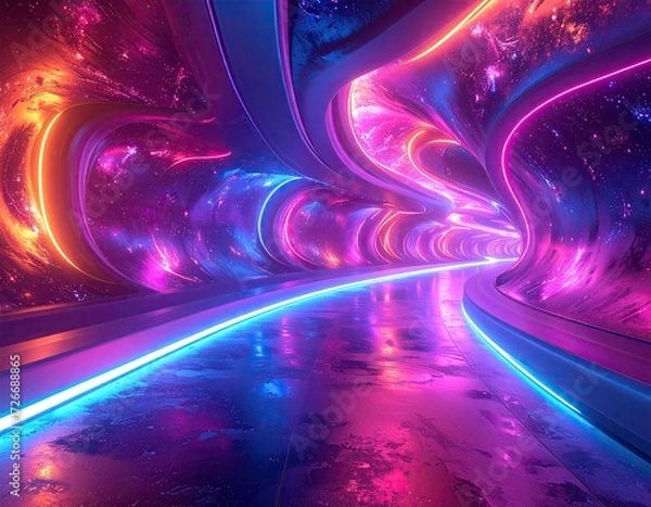 Fototapeta Neon tunnel with swirling galaxy-like walls