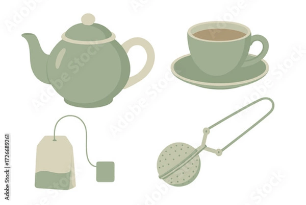 Fototapeta Elegant collection of tea accessories featuring a teapot, teacup with saucer, tea bag, and a metal infuser