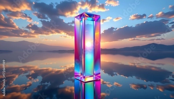 Obraz Iridescent Glass Structure Reflection Sunset Over Water