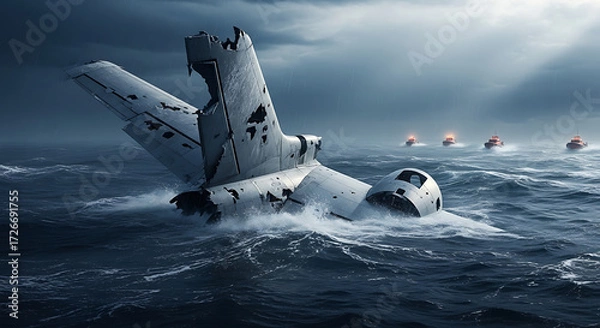 Fototapeta Wreckage in Deep Blue Abandoned Airplane Remains Submerged at Sea