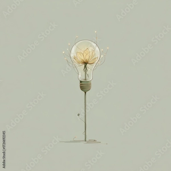 Fototapeta Lightbulb with a blooming flower surrounded by twinkling lights in a soft green background
