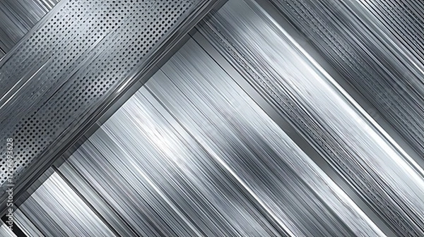 Fototapeta Industrial steel sheets arranged in cross-pattern with brushed finish and dotted accents. Ideal for architecture panels, machinery and high-tech commercial spaces.