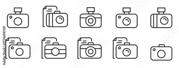 Fototapeta camera, icon, symbol, vector, digital, web, design, video, sign, illustration, photo, film, button, black, set, outline, graphic, isolated, image, flat, media, line, lens, technology, interface, shutt