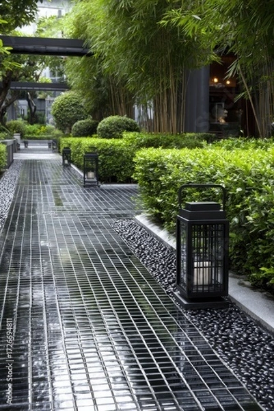 Fototapeta A tranquil, paved walkway winds through a lush, landscaped courtyard, shaded by bamboo and bordered by meticulously trimmed hedges, illuminated by lanterns.