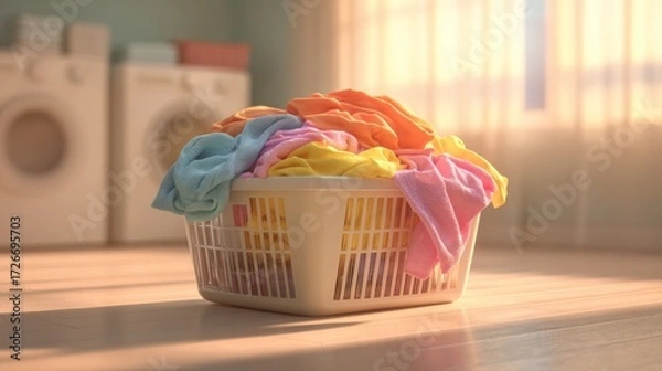 Fototapeta A overflowing laundry basket filled with colorful clothes, set in a bright, cozy laundry room.
