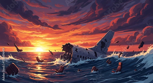 Fototapeta Airplane wreckage in the sea at sunset, a scene of disaster and loss