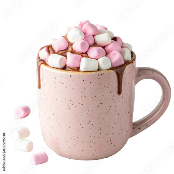 Fototapeta Hot chocolate with marshmallows isolated on transparent background in a pink mug