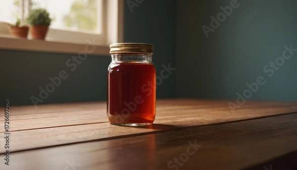 Obraz Sauce jar mockup on wooden table with natural light and green wall  
