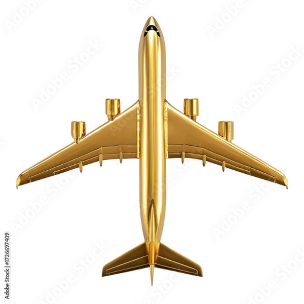 Fototapeta Golden airplane model isolated on transparent background, top view