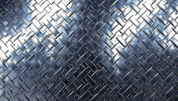 Fototapeta Glossy silver steel wall with herringbone pattern reflecting soft light. Ideal for industrial décor, contemporary architecture and stylish commercial interior backdrops.
