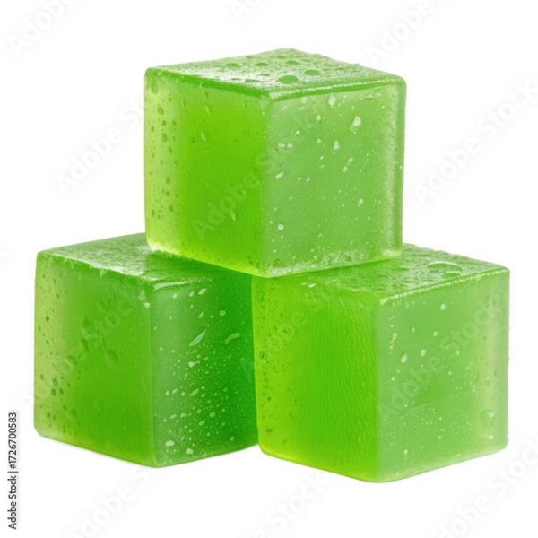 Fototapeta Three green jelly cubes isolated on transparent background, close up studio shot