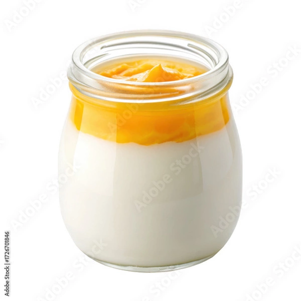 Fototapeta Jar of yogurt with mango puree isolated on transparent background, healthy food