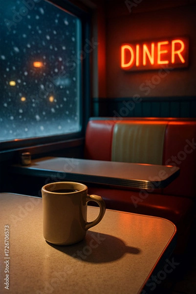Fototapeta Cozy Vintage Diner with Coffee Mug by Snowy Window – Retro Winter Café Interior
