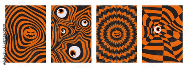 Obraz Halloween y2k groovy backgrounds with orange and black psychedelic pattern, trippy eyeball and pumpkin design for retro spooky vibes. Wavy lines, illusions geometric shapes for October party posters.