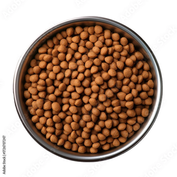 Fototapeta Top view of bowl with dry pet food, isolate on transparent white background