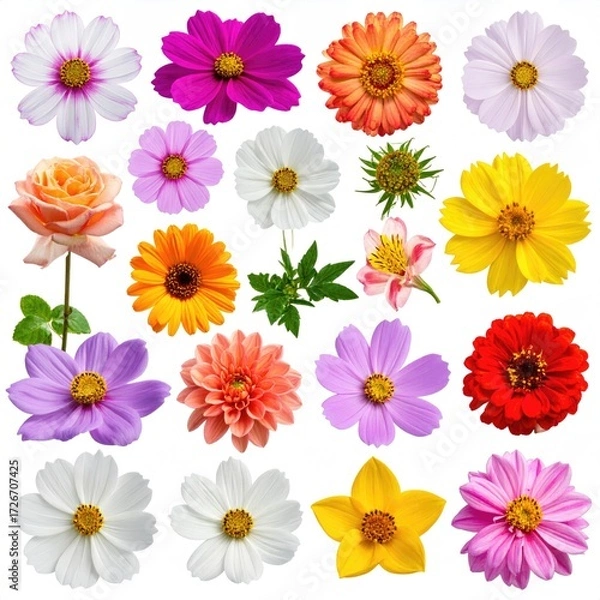 Fototapeta Vibrant flower collection, various colors and types, isolated on white